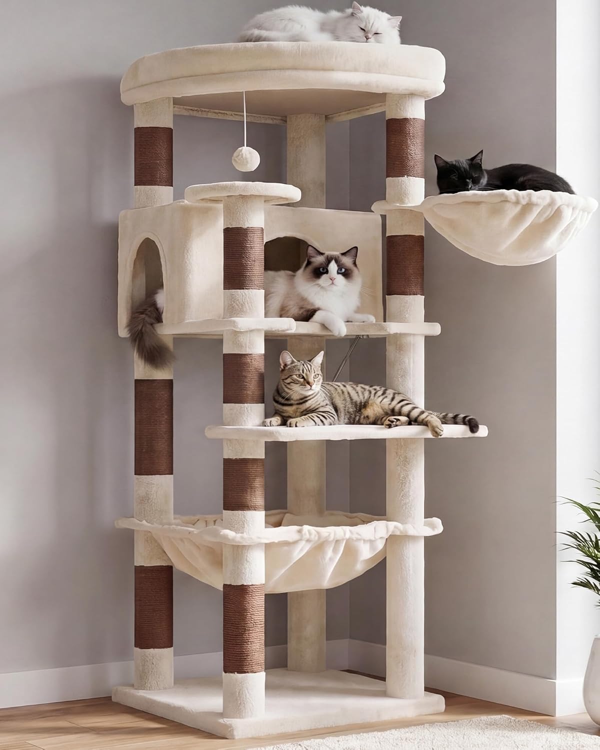 Heybly 53.1" Corner Cat Tree for Large Cats - Beige / 53 inch