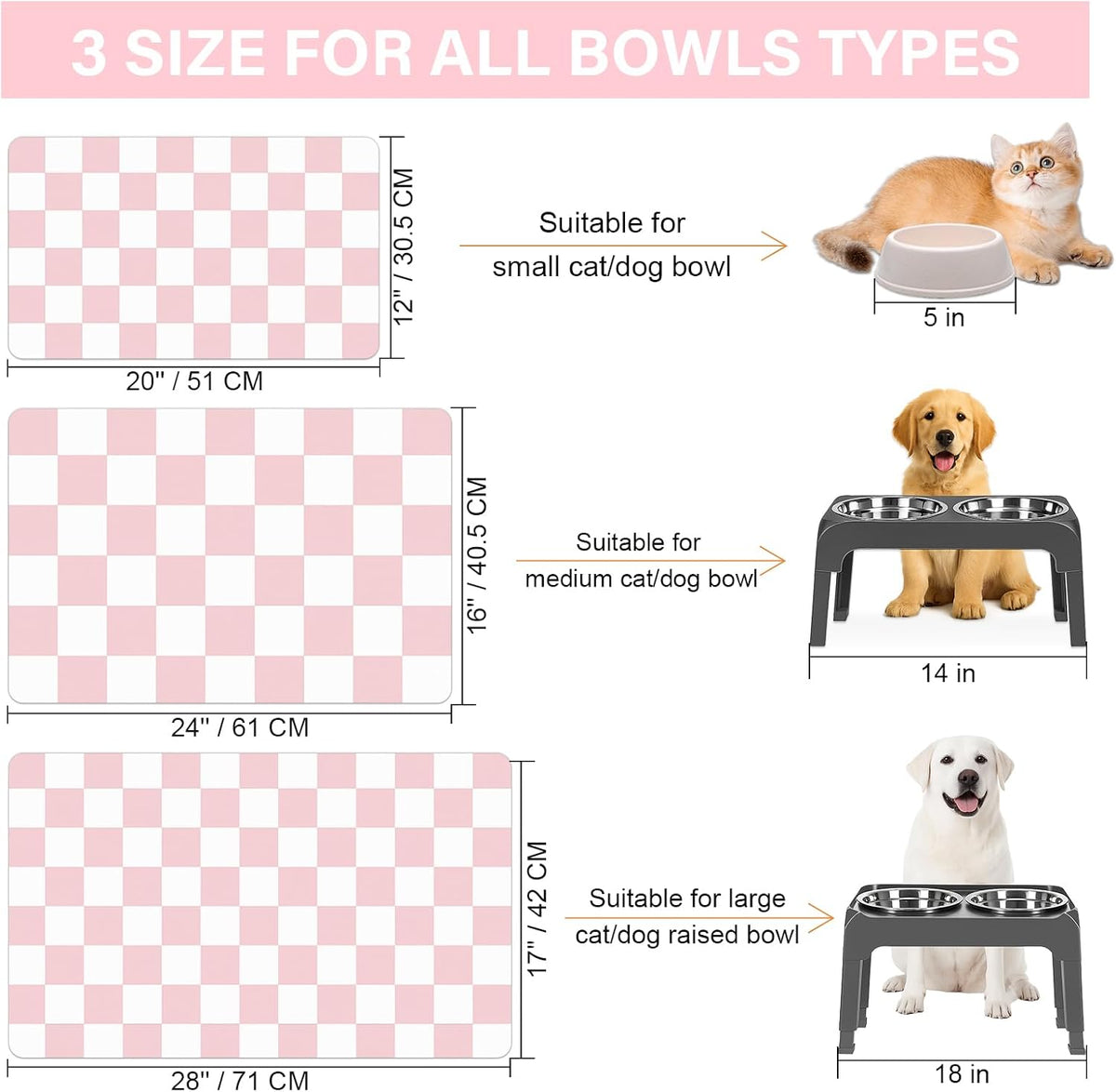 Cat Food Mat, 12"x 20" Cat Dog Mats for Food and Water Bowl - 16"L x 24"W / Pink & White - image 3