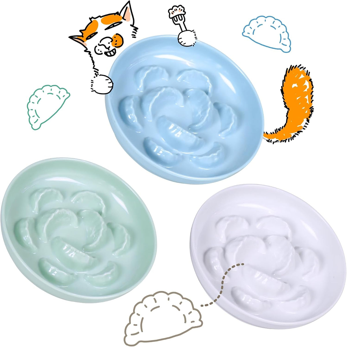 Slow Feeder Bowl for Cats and Small Dogs - 3 Pack - White+Blue+Green / 6.3''W x 1.5''H