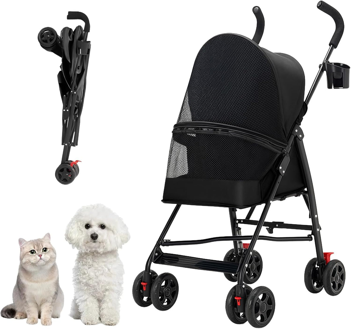 Cat Stroller Foldable Lightweight for Small Dogs Cats 0-15 lbs Pink – Essentials for Dogs - black