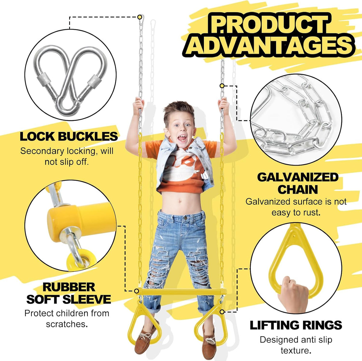 AOBOTE 16.5-inch trapeze swing bar with coated chains and snap hooks - view 6