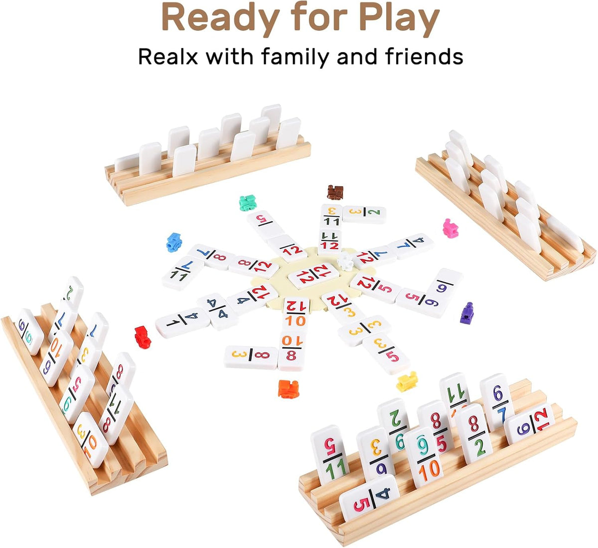 Mexican Train Dominoes Set with Numbers and 4 Wooden Trays/Racks - D12 Numbers 4 Players - image 2