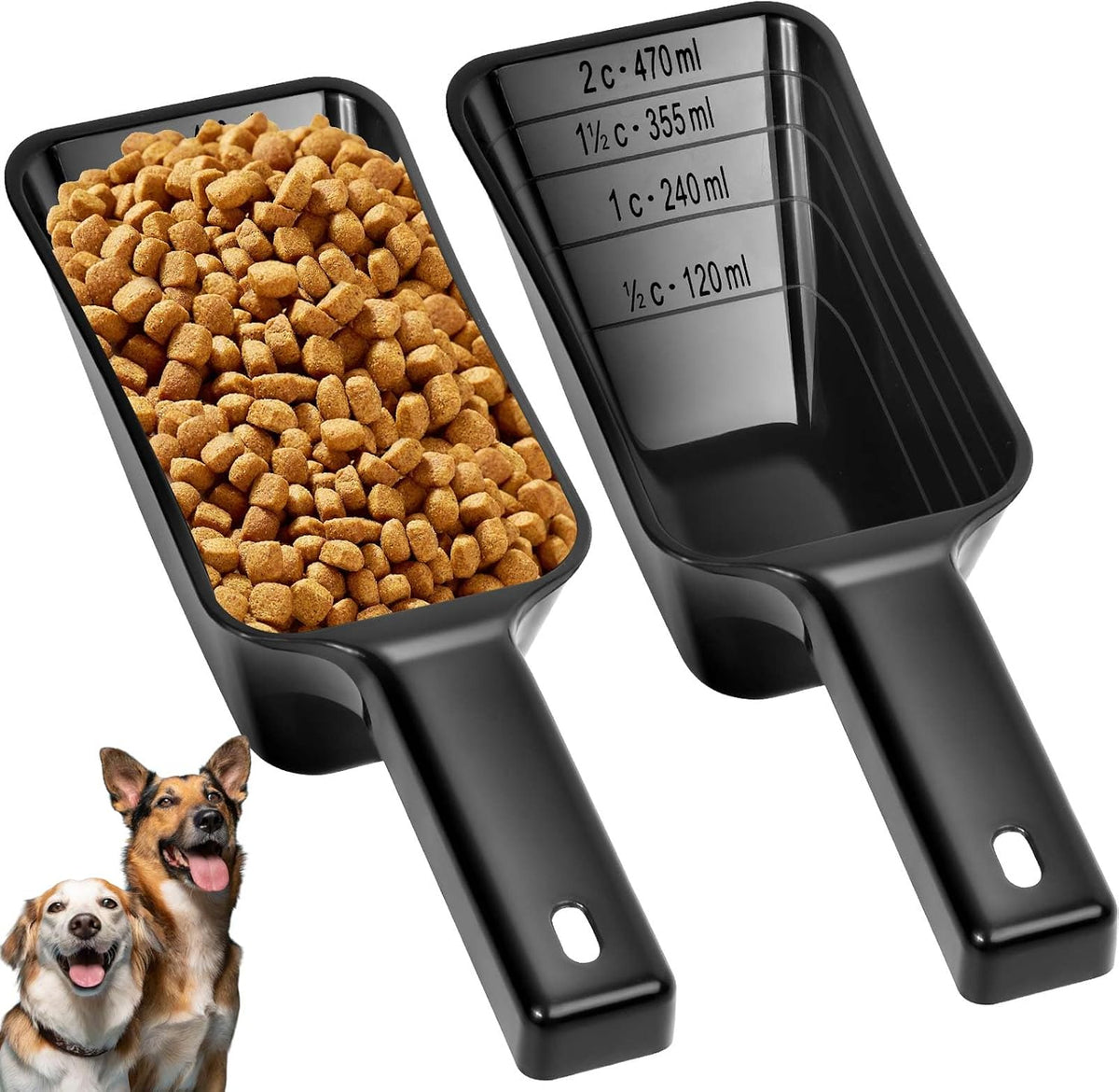 2 Cup Dog Food Scoop, Plastic Pet Food Scoop with Measuring Lines for Accurate Pet Food - Black