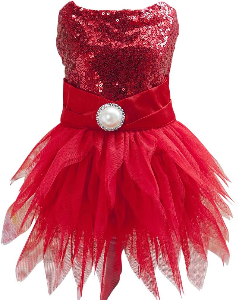 Tangpan Sequins Bow-Knot Pet Dance Dress Dog Christmas Party Dress – Essentials for Dogs - Red / Small