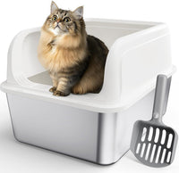 Powools Stainless Steel Cat Litter Box, High-Sided, M - M (1 Pack) / White