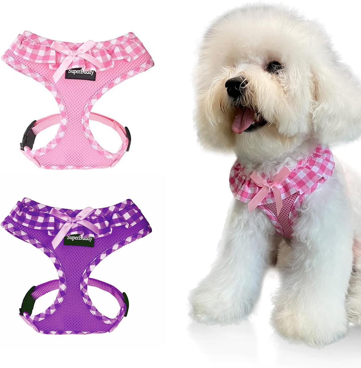 SuperBuddy Upgraded Soft Mesh Dog Harness - XS (Neck Girth 8.6"; Chest Girth: 11"-14") / Pink and Purple Set