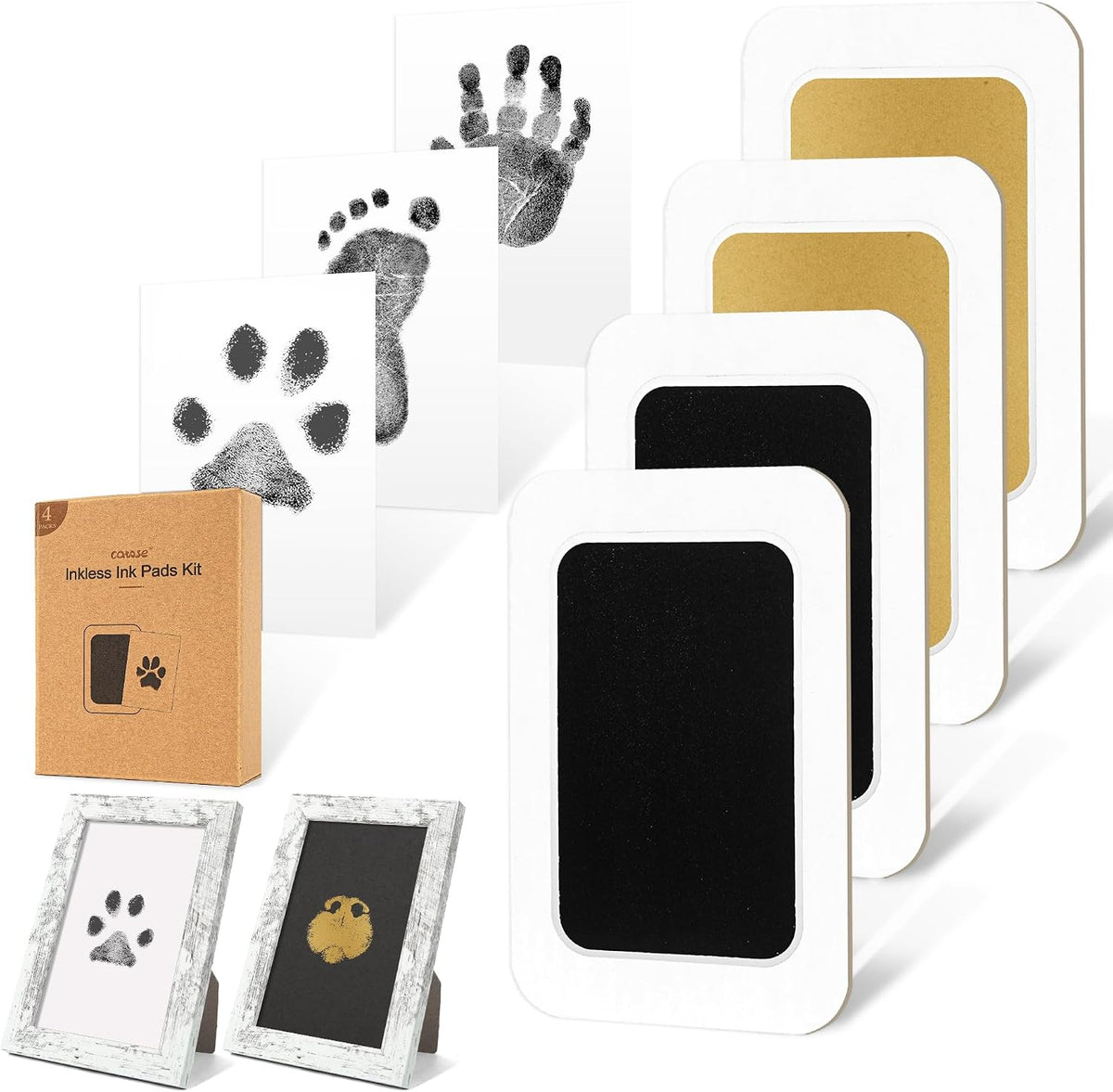 Inkless Paw Print Kit for Dogs, Cats & Babies - Black/Gold Pad,Vintage White Wood Frame / 4-Pack,Medium