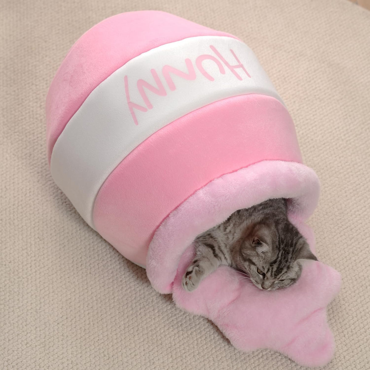 Honey Pot Cat Cave Bed, Soft and Thick Rebound Sponge Pet Nest with Removable & Washable Cushion - Pink