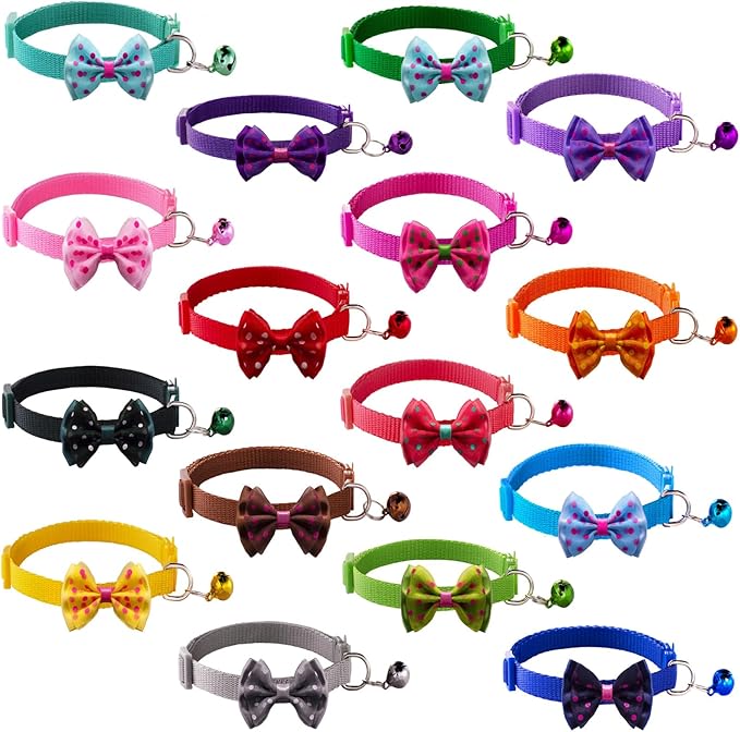 16 PCS Cute Cat Collars with Bells - Breakaway Collars for Girls & Small Kittens - Pink, Bowtie Design - Kitten Supplies