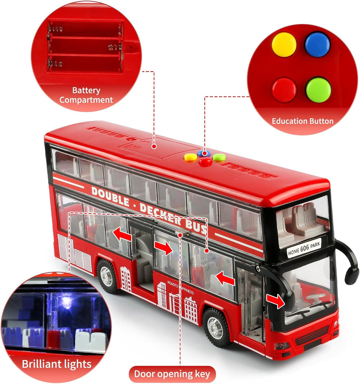 Cdymkf 11 inch blue double decker bus toy with LED lights and opening doors - view 3