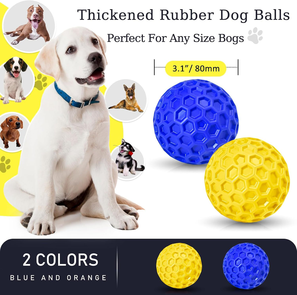 2 Pack Indestructible Squeaky Dog Balls for Aggressive Chewers - Blue+Yellow - image 2