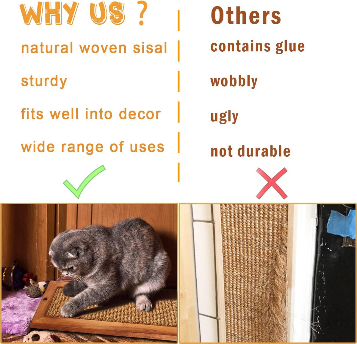 Cat Scratching Post, Wooden Sisal Cats Wall Scratcher - 2 PCS Brown - image 4