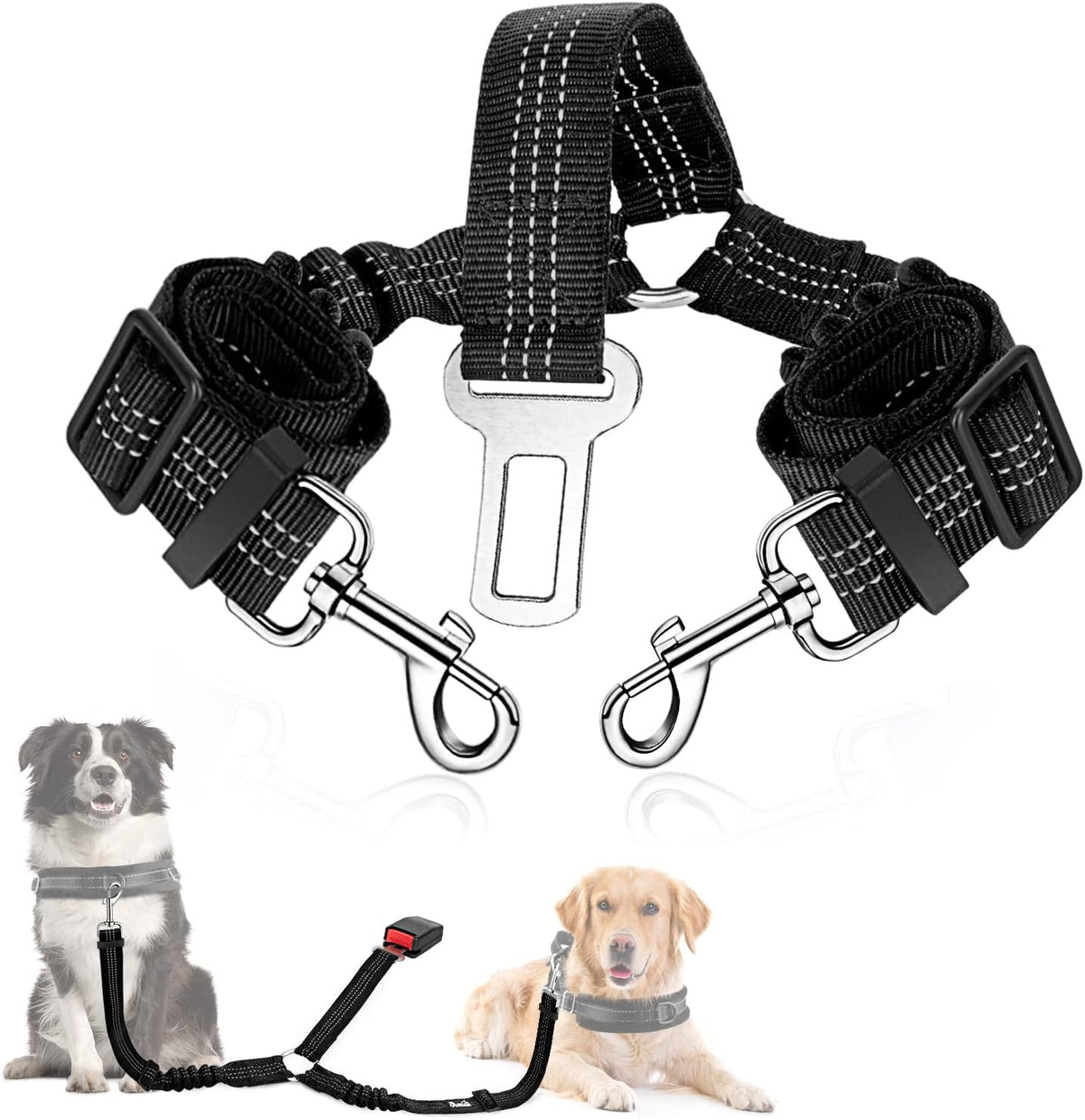 SlowTon Double Dog Seat Belt for Car with Elastic Bungee Buffer - A.Black / 2 Medium in 1