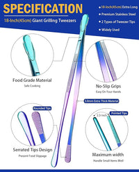 JETKONG 2 Pcs 18 Inch (45cm) Stainless Steel Grill Tongs Heavy Duty Giant Tweezer Tongs, Extra Large Tweezers Tools for Cooking, Grilling, BBQ and Turning Food (Rainbow)