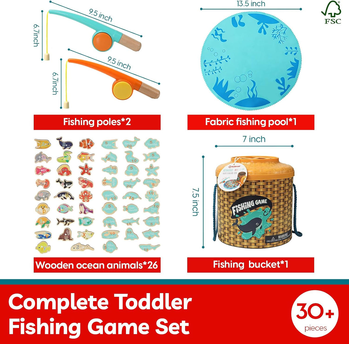 TOP BRIGHT wooden magnetic fishing game with 2 magnet poles and 26 numbered fish - view 3