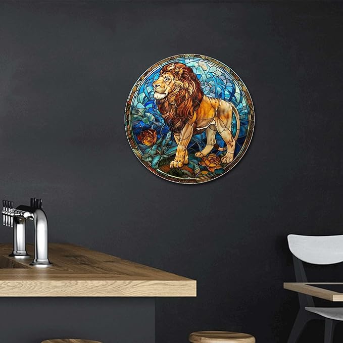 Lygond Metal Sign Tin Sign Circular Stained Glass Lion Garage Sign for Garden 12×12 Inches