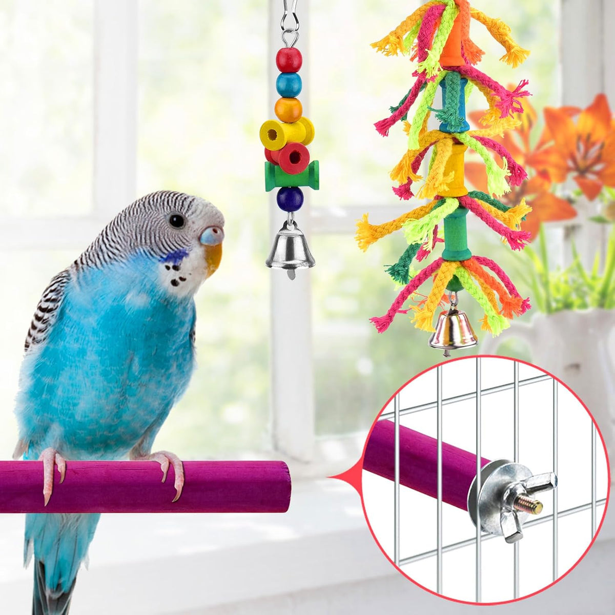 KATUMO Bird Toys, Parakeet Swing Parrot Ladder Cockatiel Perch Conure Hanging Bell Toys - Colored ladder set (8 IN 1) - image 4