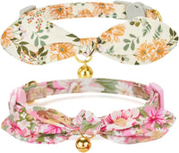 Cotton Bowtie Cat Collar with Bell 2 Pack Adjustable Breakaway Kitten - Floral Yellow + Pink / 7.5-11.4 Inch (Pack of 2)