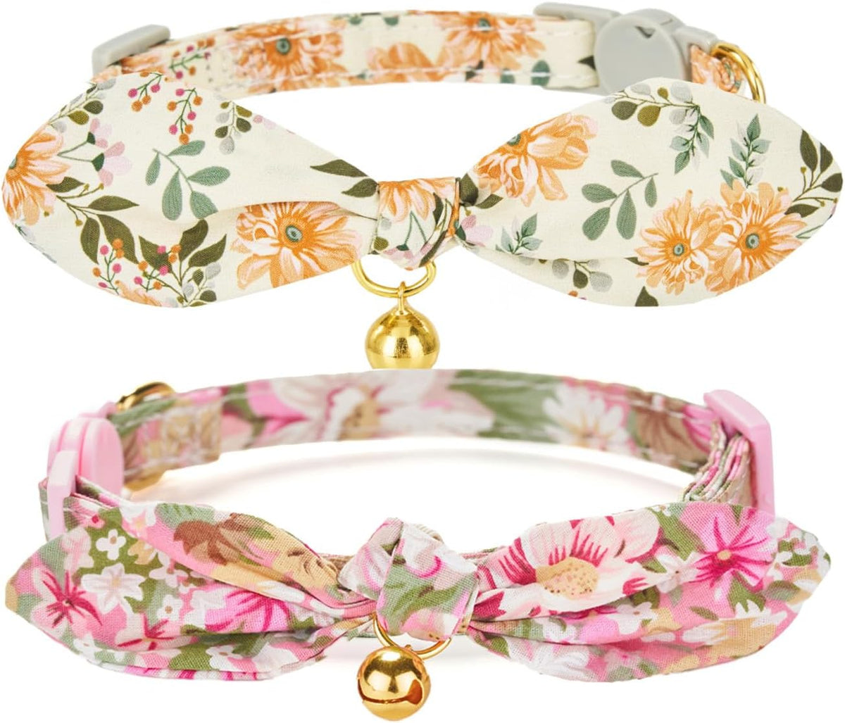 Cotton Bowtie Cat Collar with Bell 2 Pack Adjustable Breakaway Kitten - Floral Yellow + Pink / 7.5-11.4 Inch (Pack of 2)