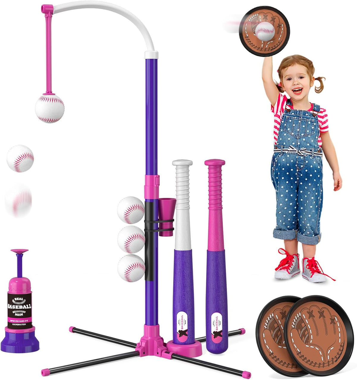 HYES 3-in-1 Baseball Set for kids Auto Pitching Machine – Fun for Kids & Family - Purple+pink