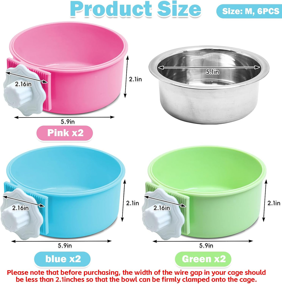 2PCS Stainless Steel Dog Bowls Set Removable Puppy Food and Water - 6 PCS (Pack of 2) / Size: M (2×Blue, 2×Green, 2×Pink) - image 2