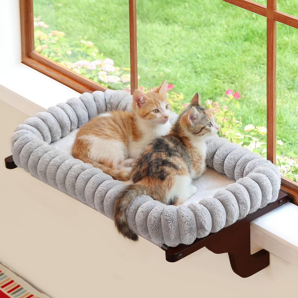 Zakkart SnugCloud Cat Perch for Windowsill – Essentials for Cats - Dark Stained Wood w/ Gray Bed / Large (25"x15")