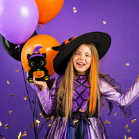MUFEIRUO Halloween black cat plush holding pumpkin bag, wearing orange witch hat - view 25