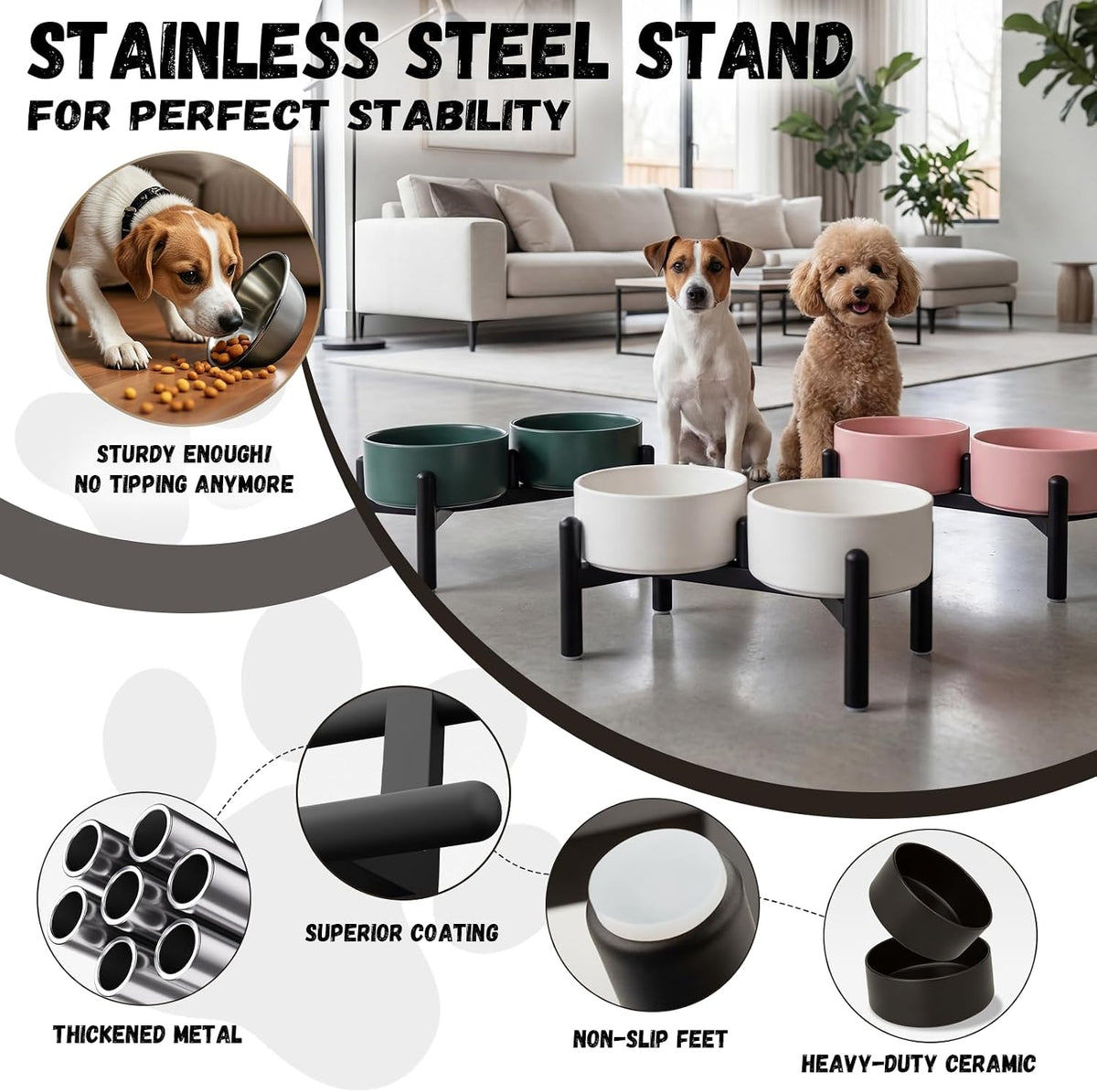 Raised Ceramic Dog Bowl Set with Stand - White / 2 Bowls - 3.5 Cups Each - image 3
