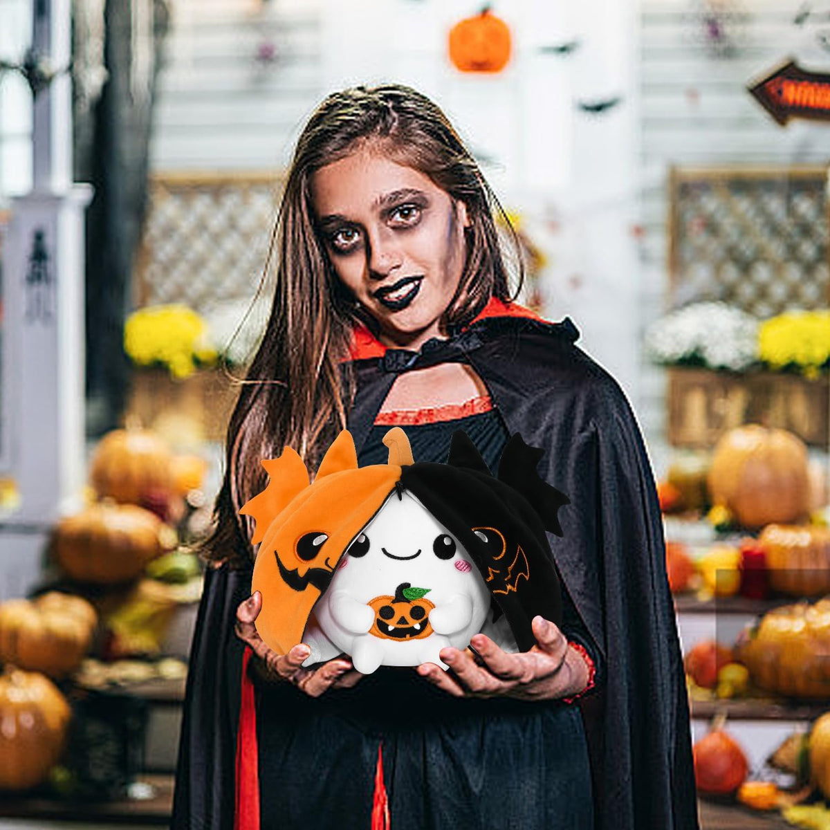 CAIYUEGG reversible Halloween plush showing bat ghost and pumpkin sides - view 7