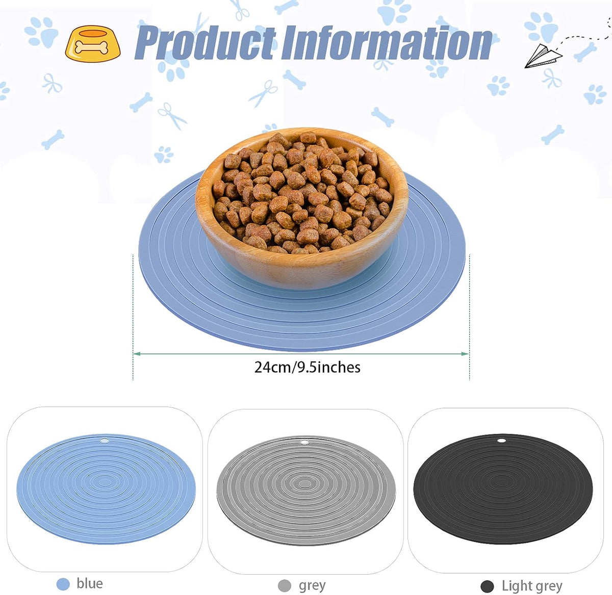 3 Pieces Silicone Pet Food Mat Feeding Mat for Dog and Cat Bowl - Blue, Gray, Black / 9.5 Inch - image 2