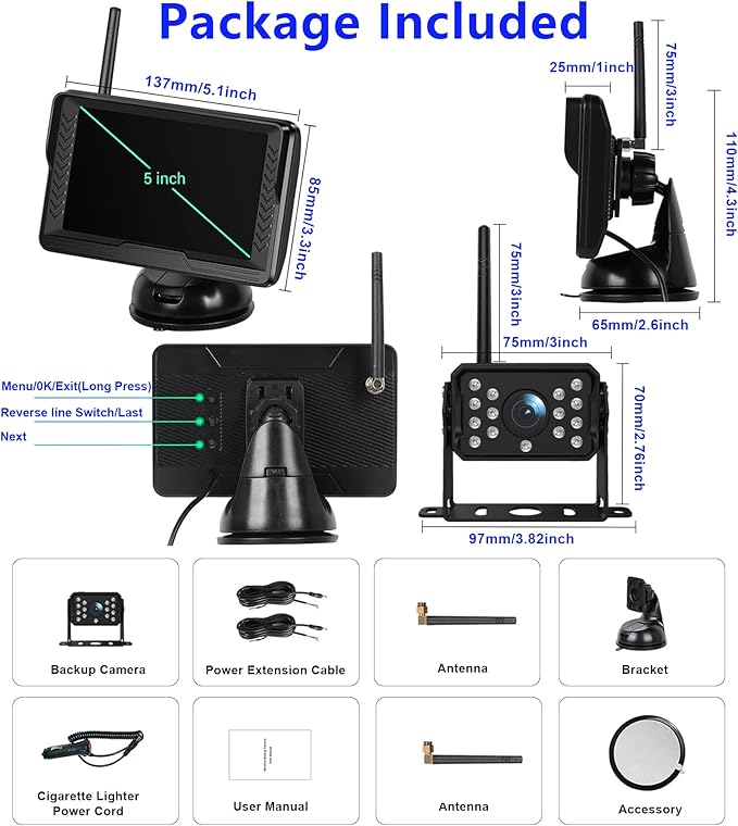 Wireless Reversing Camera System with 5 inch Split Screen, IP69K Waterproof Backup Camera with Night Vision, Support add 2nd Wireless Rear View Camera for Trailer, RV, Trucks, Farm Vehicle