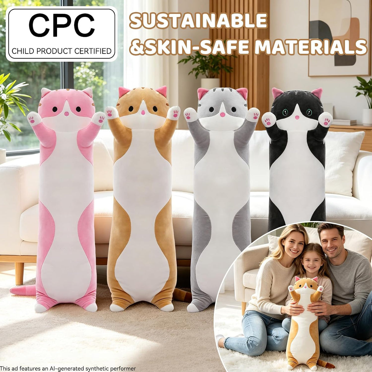Cute Long Cat Plush Body Pillow, Soft Stuffed Animals 19.7 Inch – Fun for Kids & Family - Brown / 27.5 inches - image 2
