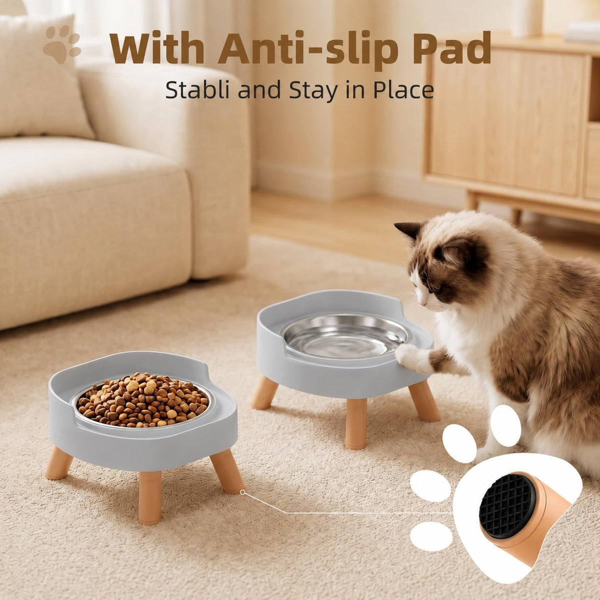 Elevated Cat Bowls, 2P Raised Cat Food and Water Bowl Set for Indoor Cats, Splash Proof with 2 - 2P Cat Bowls - Grey - image 4