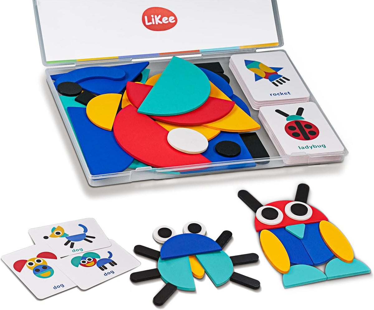 LiKee Wooden Shape Puzzle, 36 Blocks& 1 Booklet - 60 cards / 72
