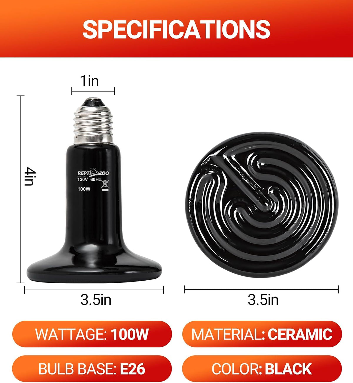 REPTI ZOO 100W Reptile Heat Lamp 2Pack Ceramic Heat Emitter Night - 100W/2PCS - image 2