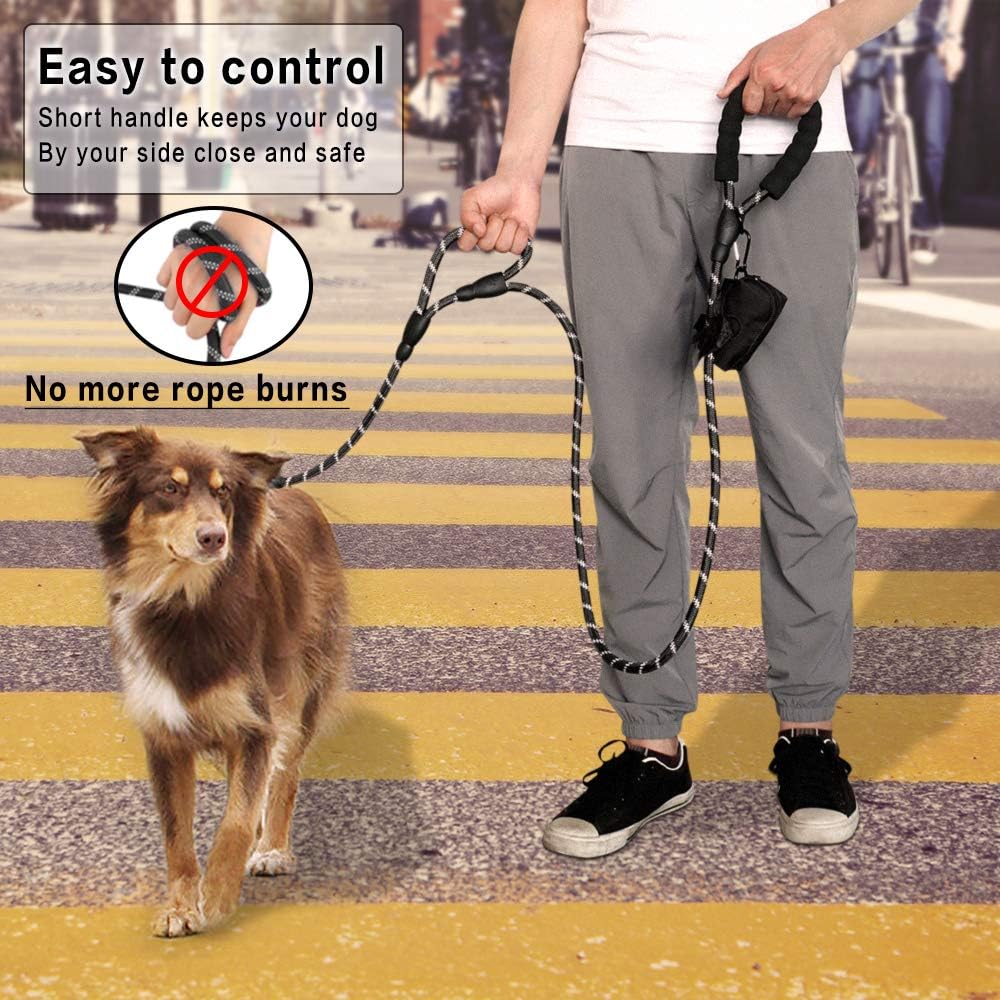 Plutus Pet Rope Dog Leash with Double Handles, Reflective - Black