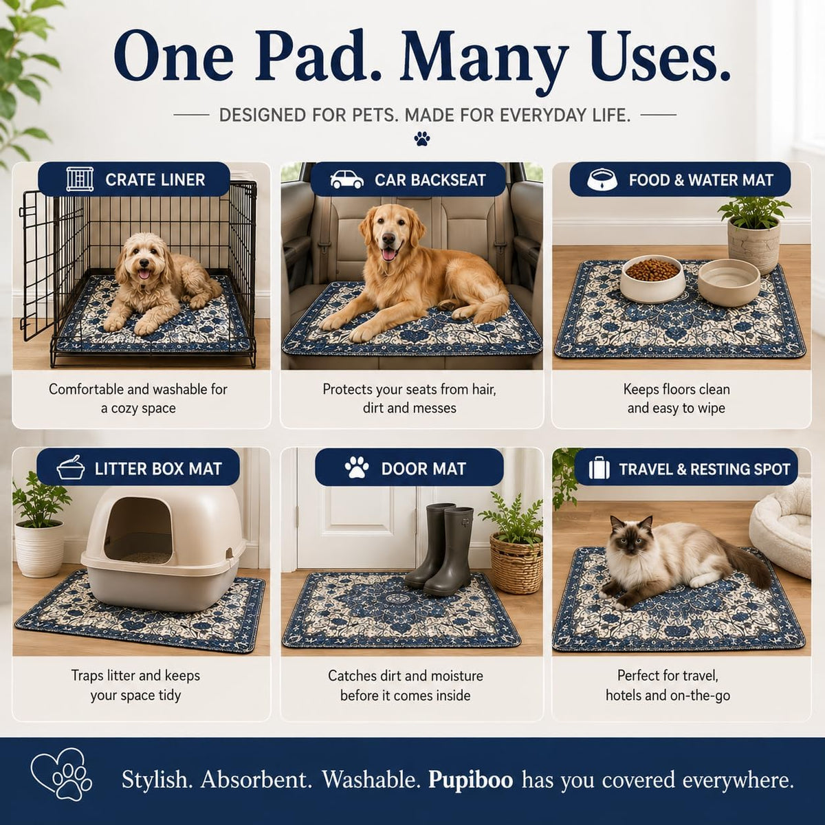 PUPIBOO Washable Pee Pads for Dogs and Cats - Blue Medallion / 36 x 36 Inch (Pack of 2) - image 4