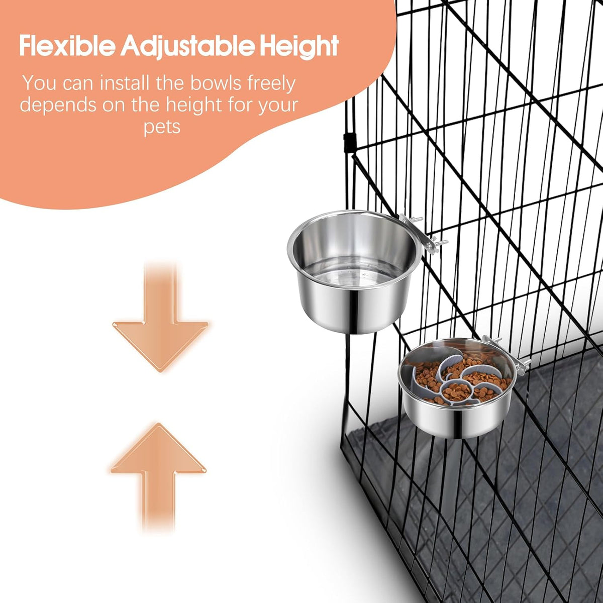 2 Pcs Stainless Steel Small Dog Crate Food Water Bowl - L (84 & 44 OZ) / Silver - image 4