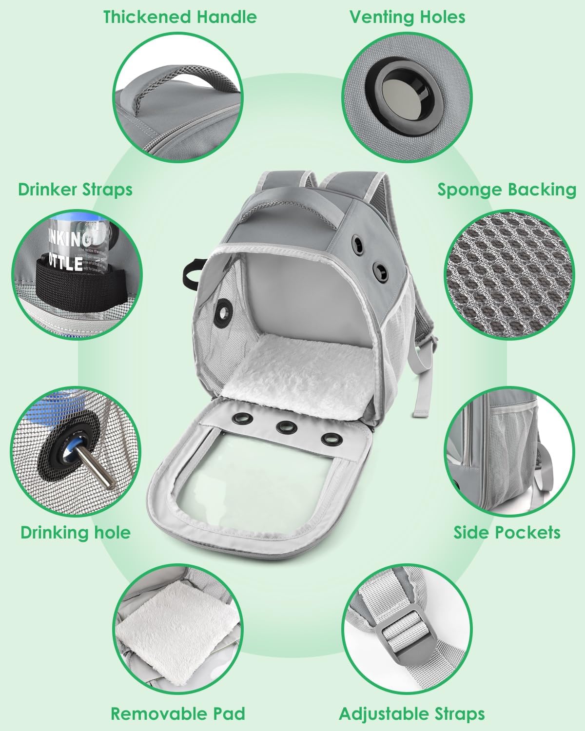 DBNESS light gray guinea pig carrier backpack with window and water bottle holder - view 3