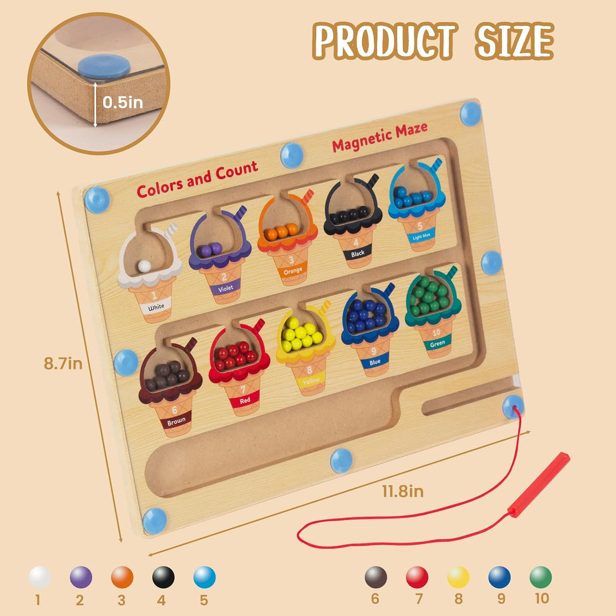 WOODENFUN magnetic color number maze, wooden Montessori counting board with magnetic pen and beads - view 14