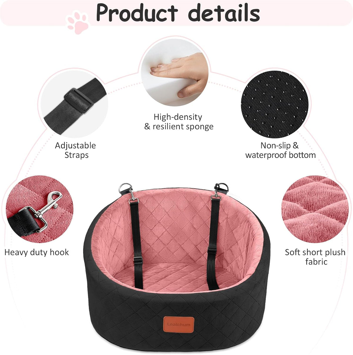 Lealchum Dog Car Seat for Small Dogs Up to 30 Lbs with 2 Safety Dog - Black/Pink / Small - image 3
