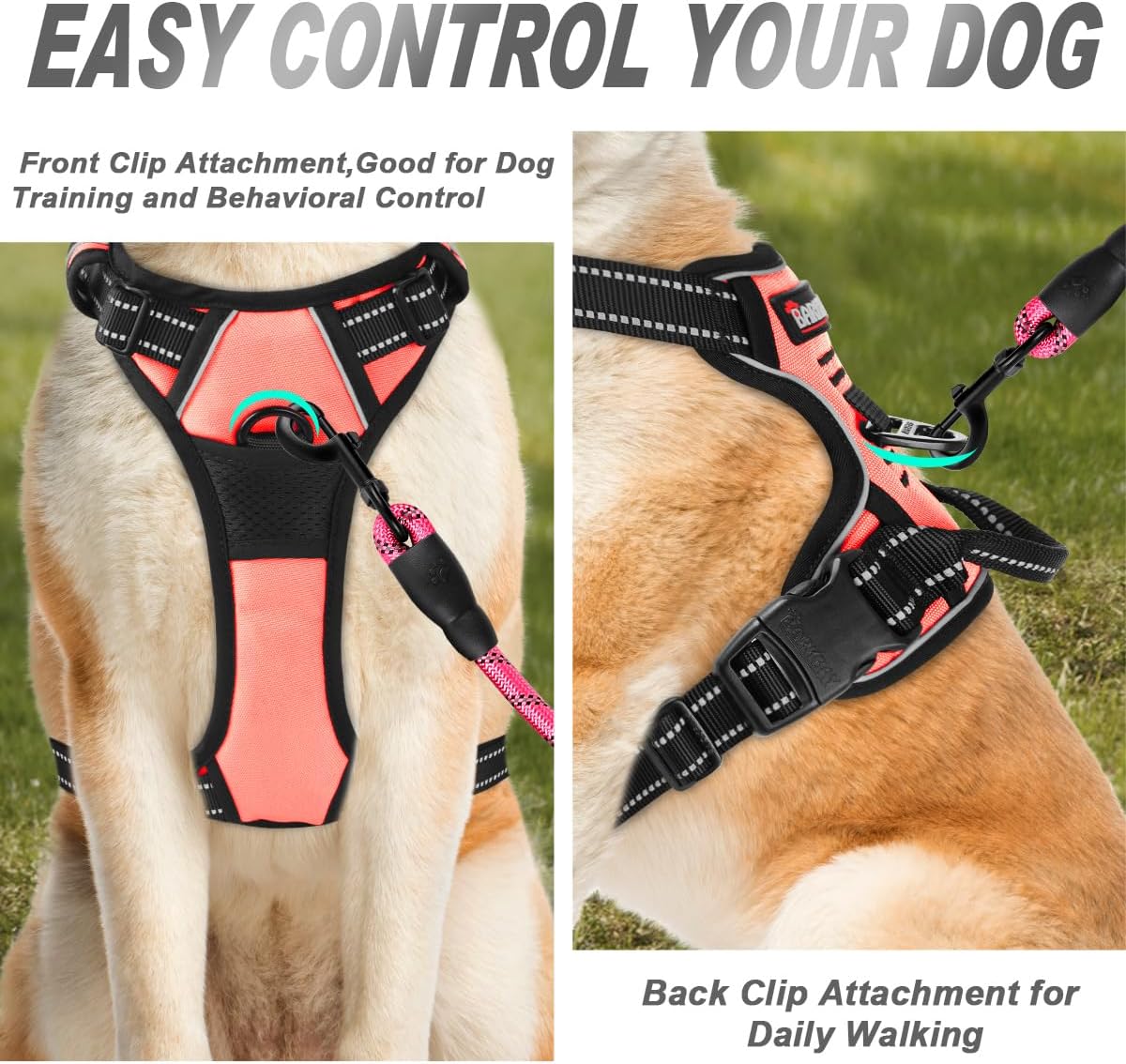 BARKBAY Dog Harness No Pull for Large Dogs Front Back Clips - Large(Chest:24.5-32.5") / Light Pink - image 2