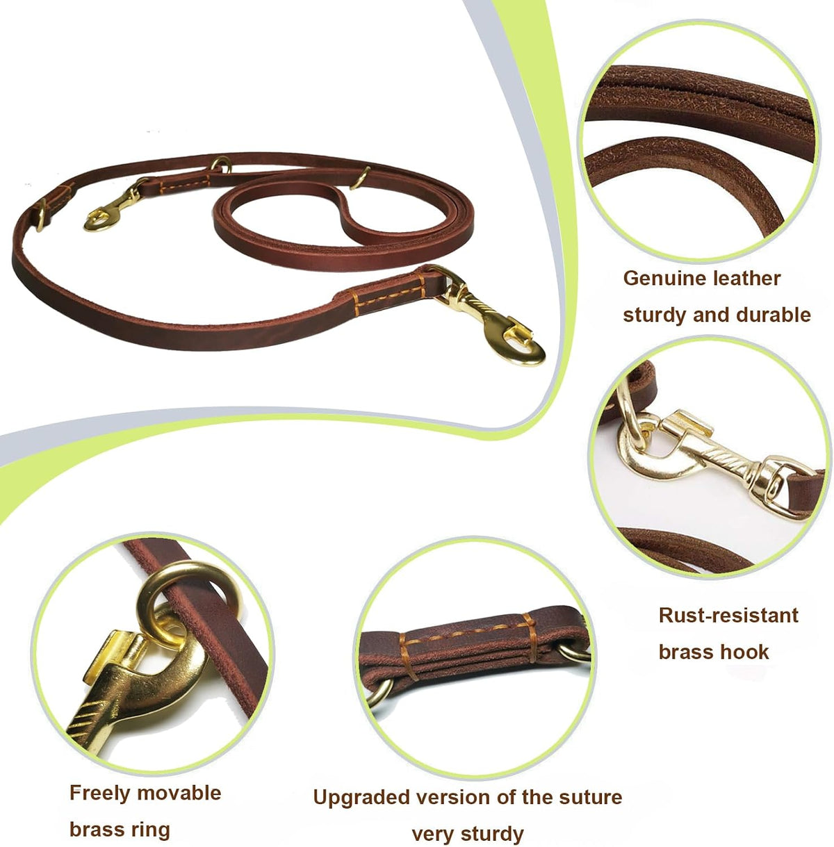 LWBMG Multi Function Leather Dog Leash 8ft Genuine Leather Leash - 8ft x 1/2inch / Brown - image 2