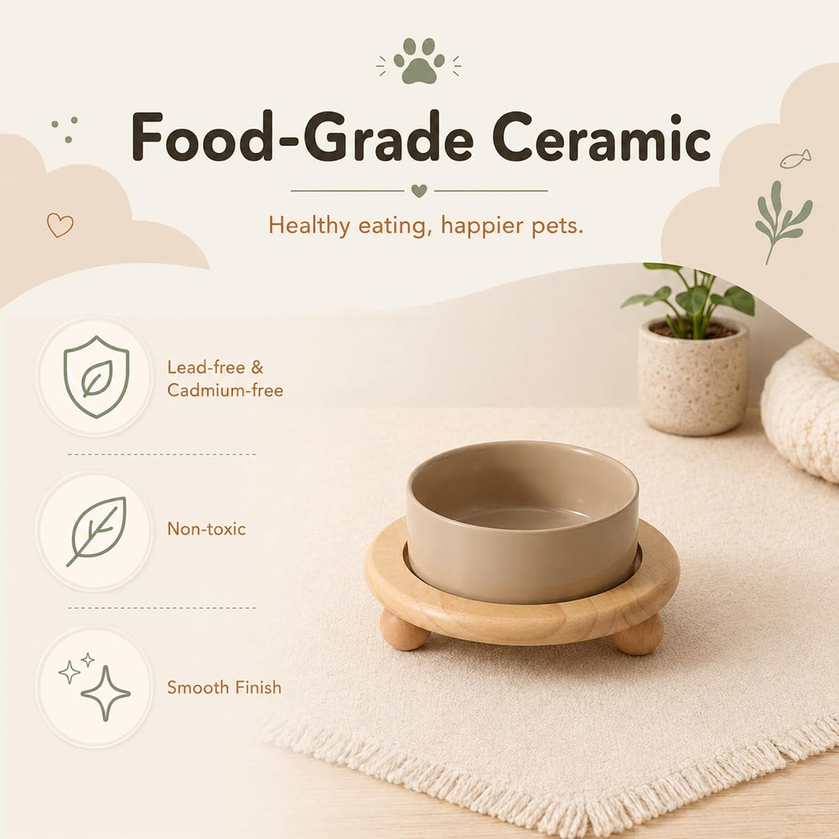 Cat Bowls Set of Two, 5.1” Ceramic Cat Food Bowls - Greige / Bowl+Tray - 6.1" - image 4
