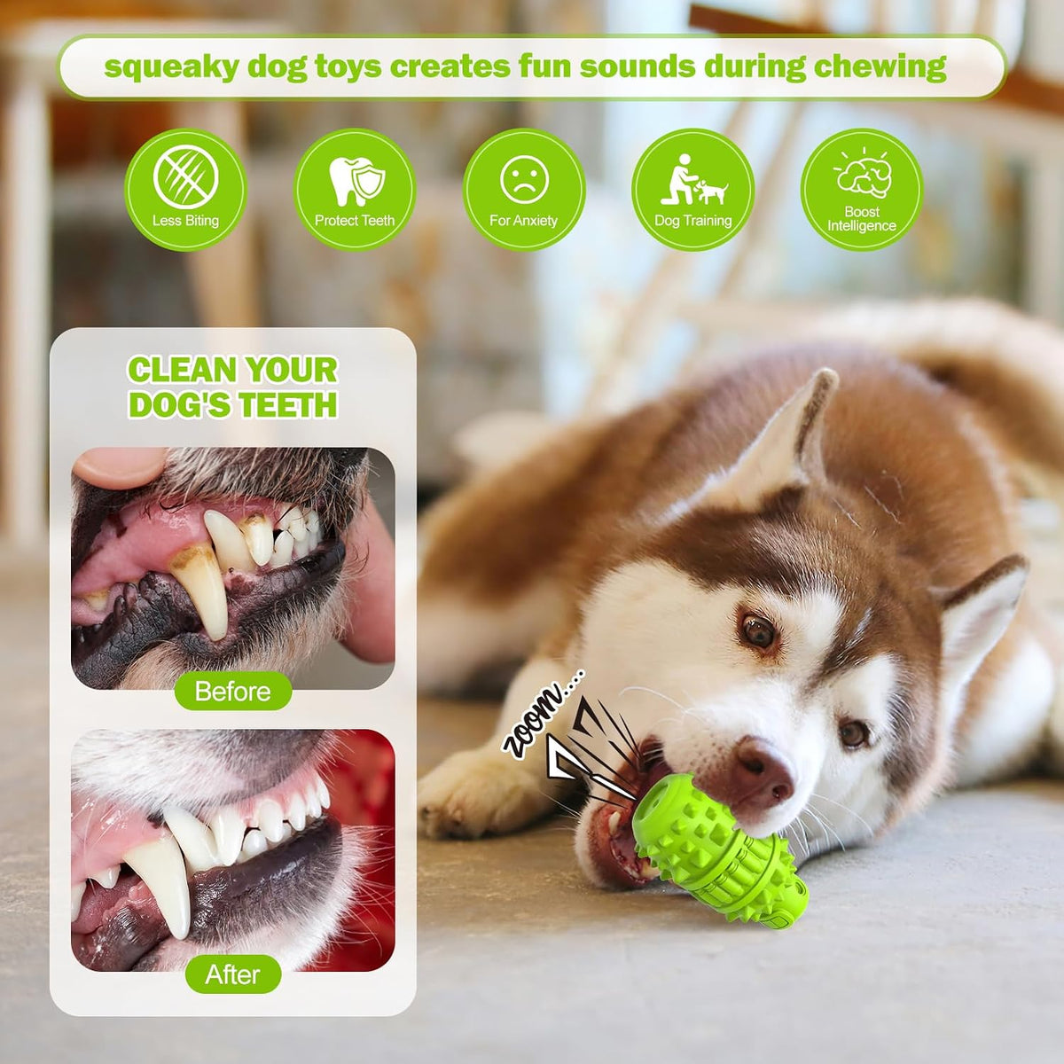 Natural Rubber Squeaky Dog Chew Toy for Large Aggressive Chewers – Essentials for Dogs - Green / Medium（For 30–55 lb dogs） (Pack of 1) - image 4