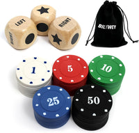 Bilywey Left Right Dice Game Set with 3 Dices + 36 Black Chips – Fun for Kids & Family - Wood Set