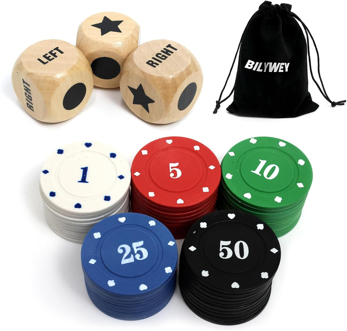 Bilywey Left Right Dice Game Set with 3 Dices + 36 Black Chips – Fun for Kids & Family - Wood Set