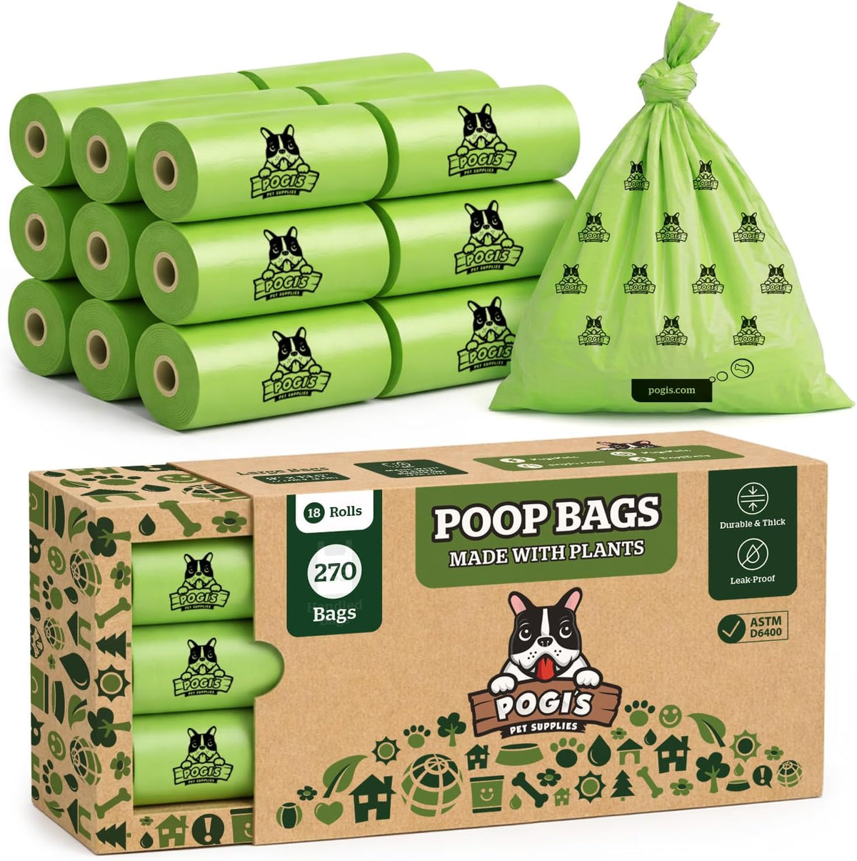 Pogi's Compostable Dog Poop Bags, Leak-Proof, 18 Rolls - 270 Count (Pack of 1) / Unscented