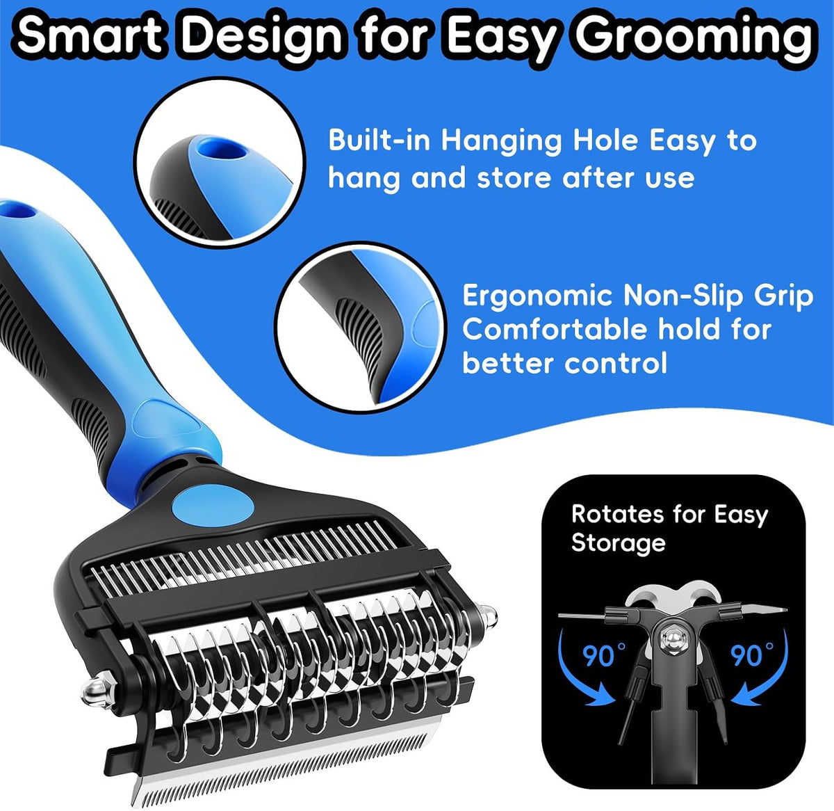 3-in-1 Professional Pet Grooming Brush for Dogs & Cats - Blue - image 3