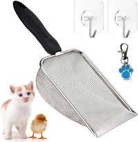 Cat Litter Scoop, Stainless Steel Cats Sturdy Mesh Scooper Kitty Metal Scooper Long Handle Scooper - 2mm fine meash cat litter scoop